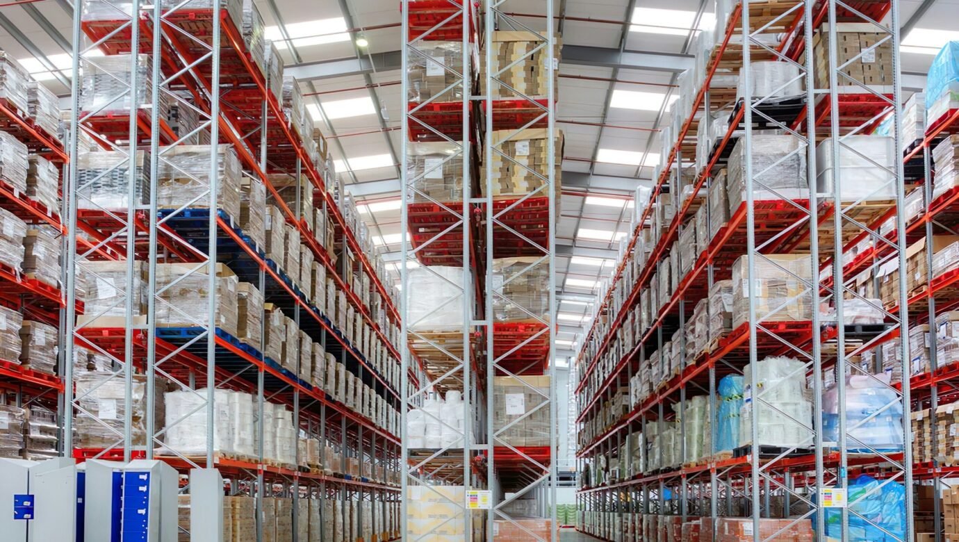 a large warehouse filled with lots of shelves