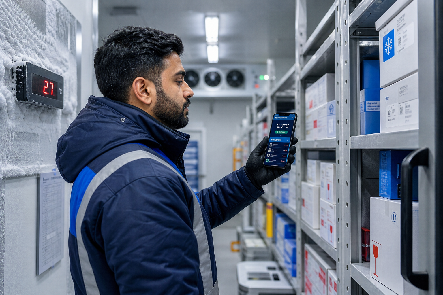Technician monitoring temperature-sensitive storage in Dubai cold storage facility using mobile shelving
