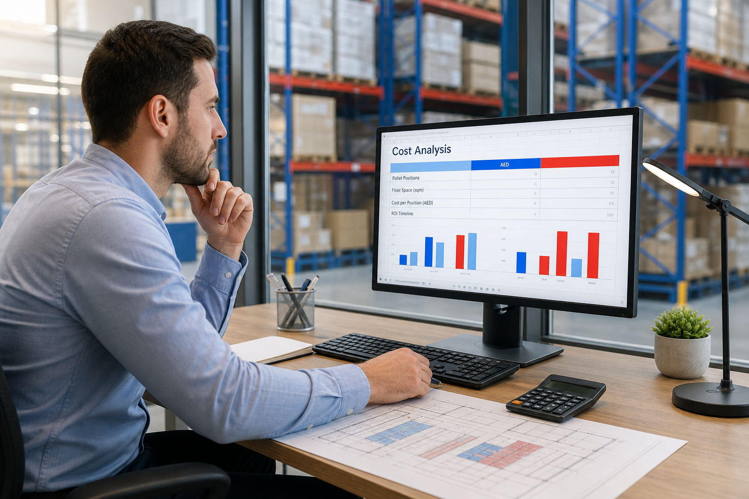 Warehouse specialist analyzing cost per pallet position metrics at desk with spreadsheet