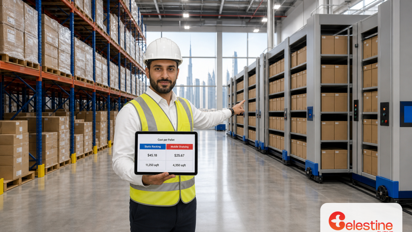 Warehouse manager comparing mobile shelving system cost per pallet position against static racking in Dubai warehouse