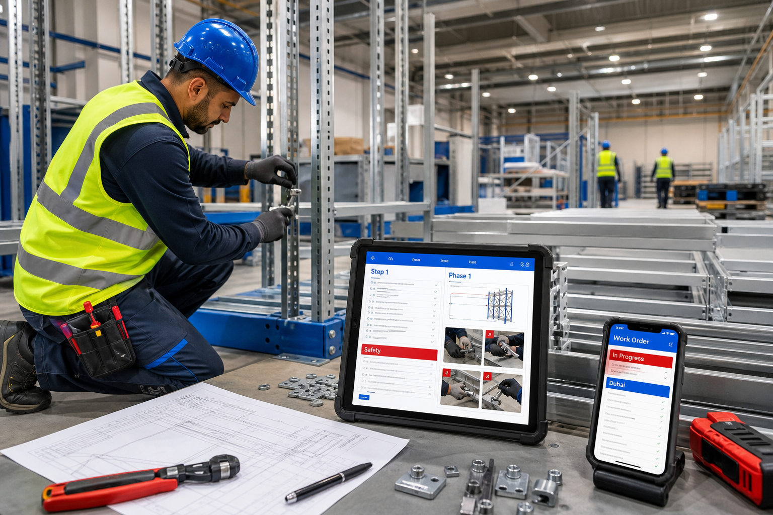 Professional technician installing mobile shelving system components with installation guide on tablet