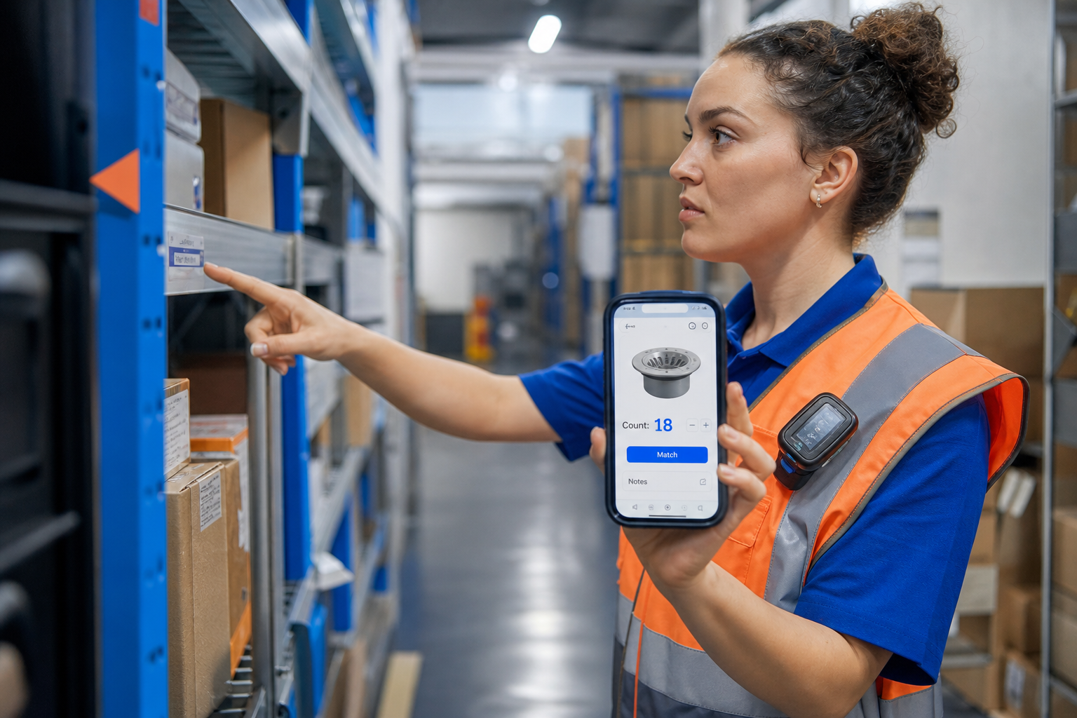 Warehouse operator conducting mobile shelving cycle count using handheld inventory audit device