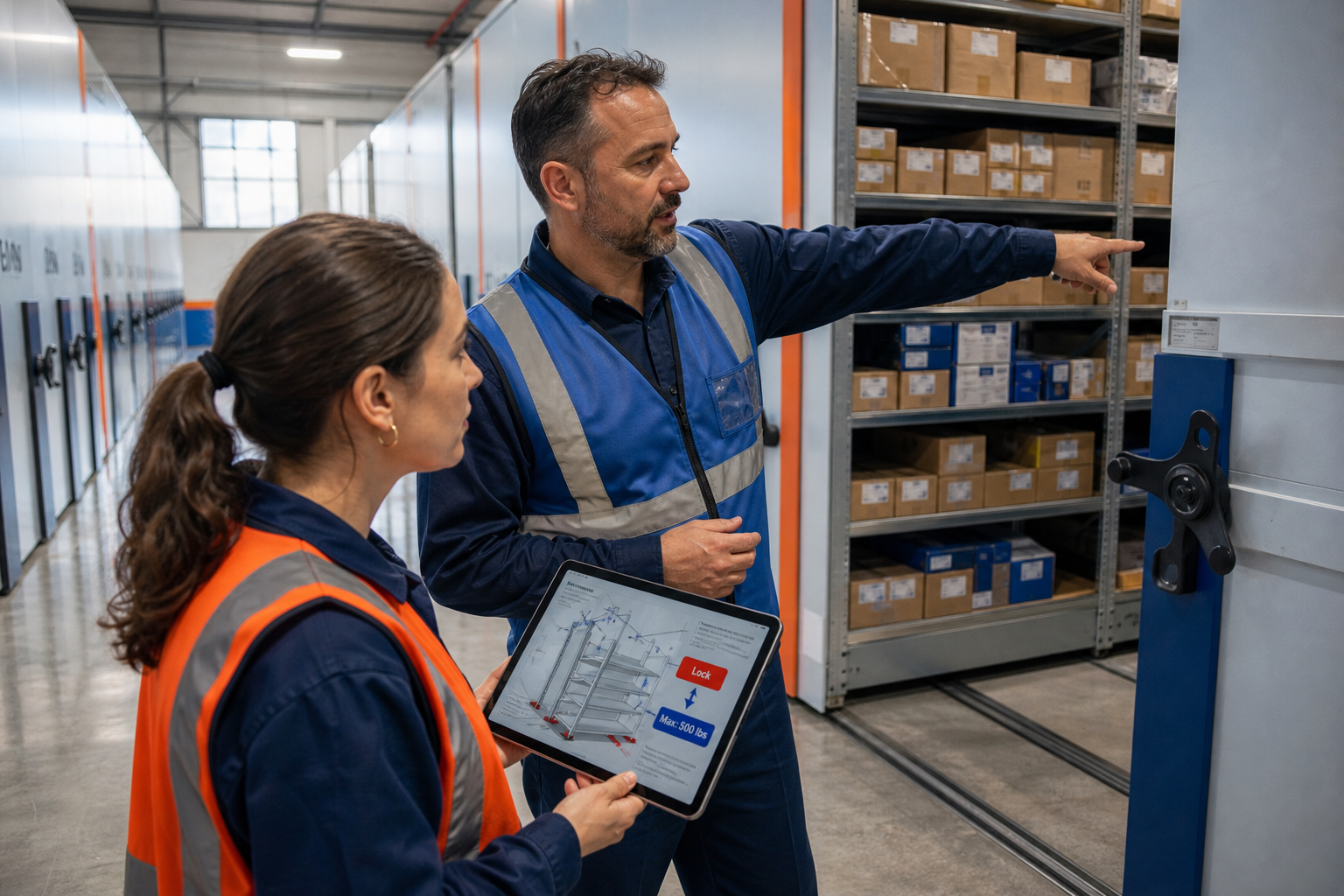 Supervisor and trainee examining mobile shelving unit structure during warehouse operations training
