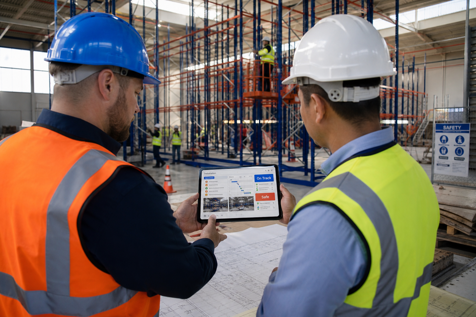 Installation supervisor and client review racking installation plan at warehouse site with workers completing setup in backgr