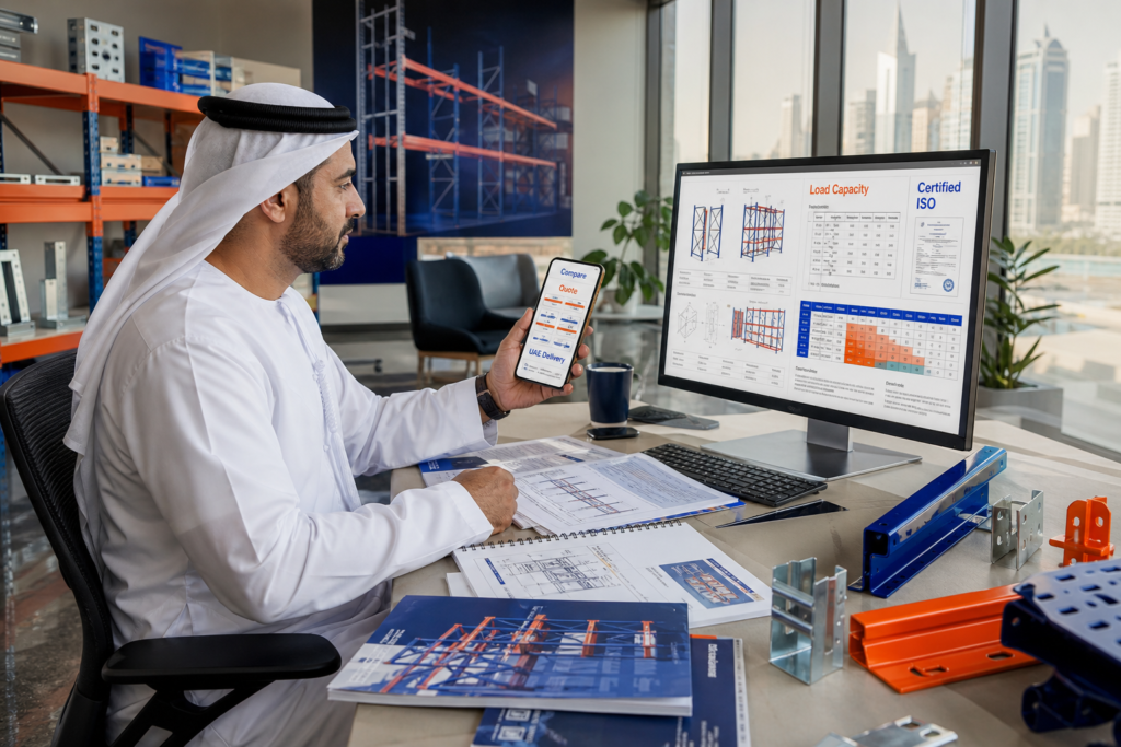 Operations manager reviews racking specifications and material samples at desk in professional office setting