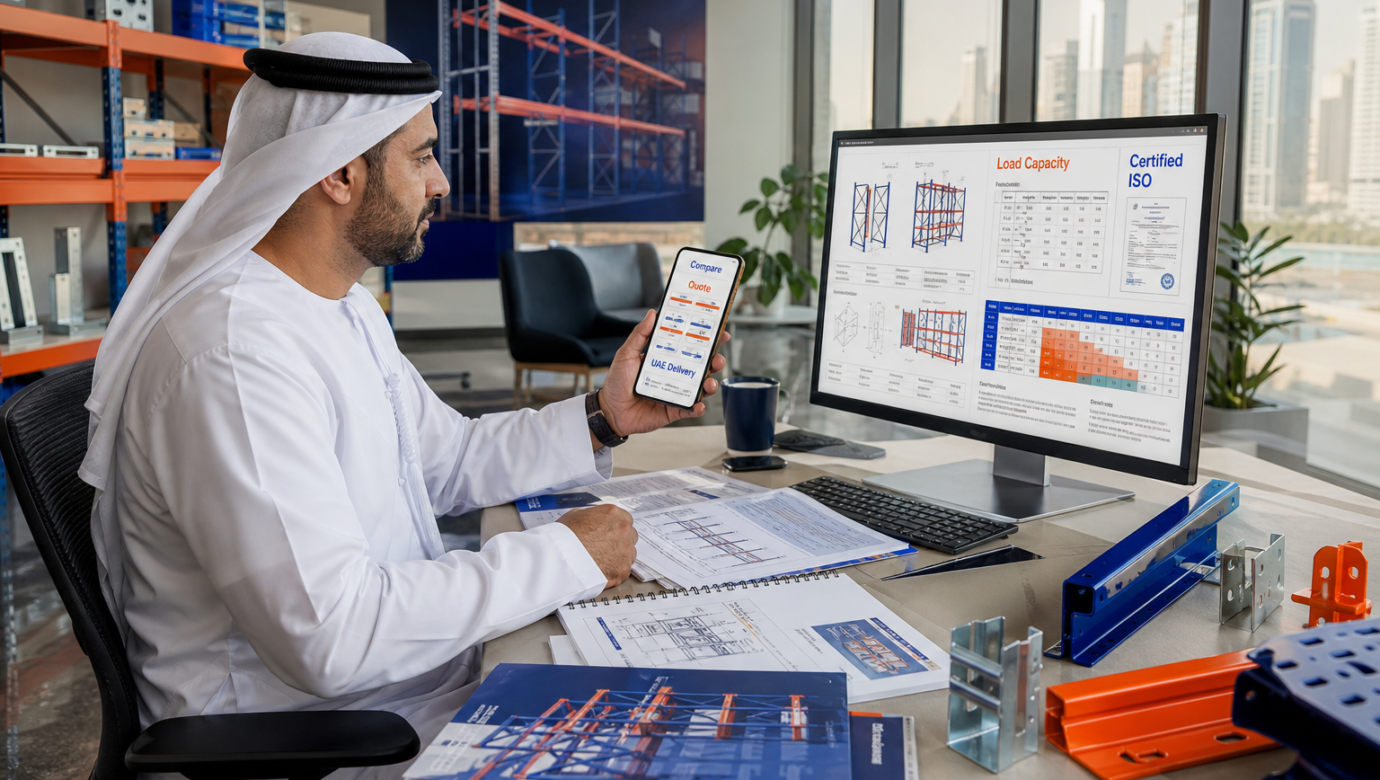 Operations manager reviews racking specifications and material samples at desk in professional office setting