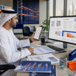 Operations manager reviews racking specifications and material samples at desk in professional office setting
