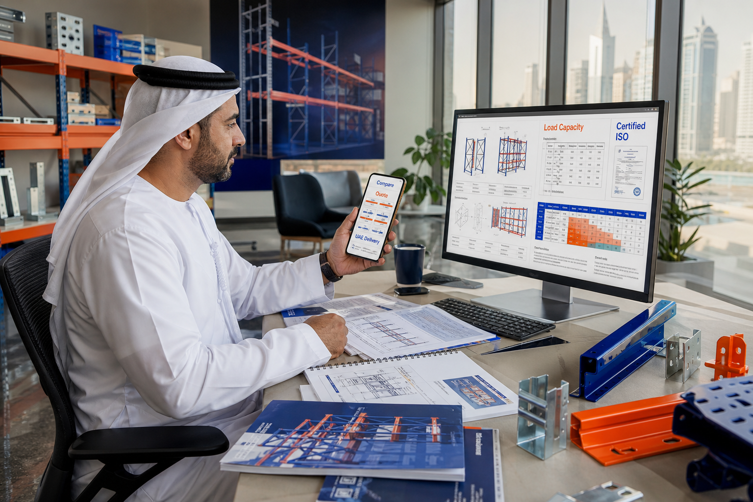 Operations manager reviews racking specifications and material samples at desk in professional office setting