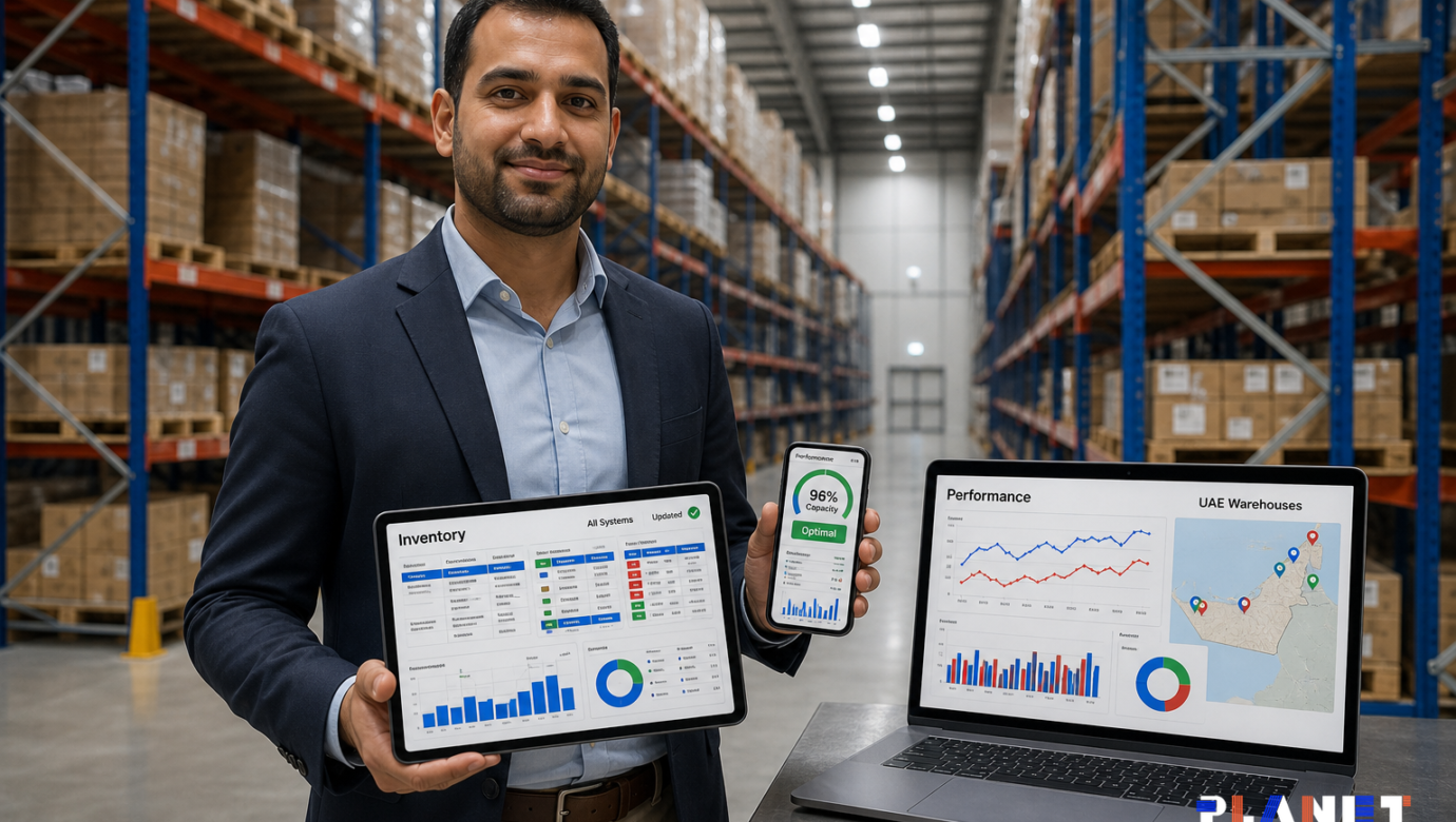 Warehouse manager with tablet stands before organized industrial racking systems in UAE facility using Racking and Shelving P