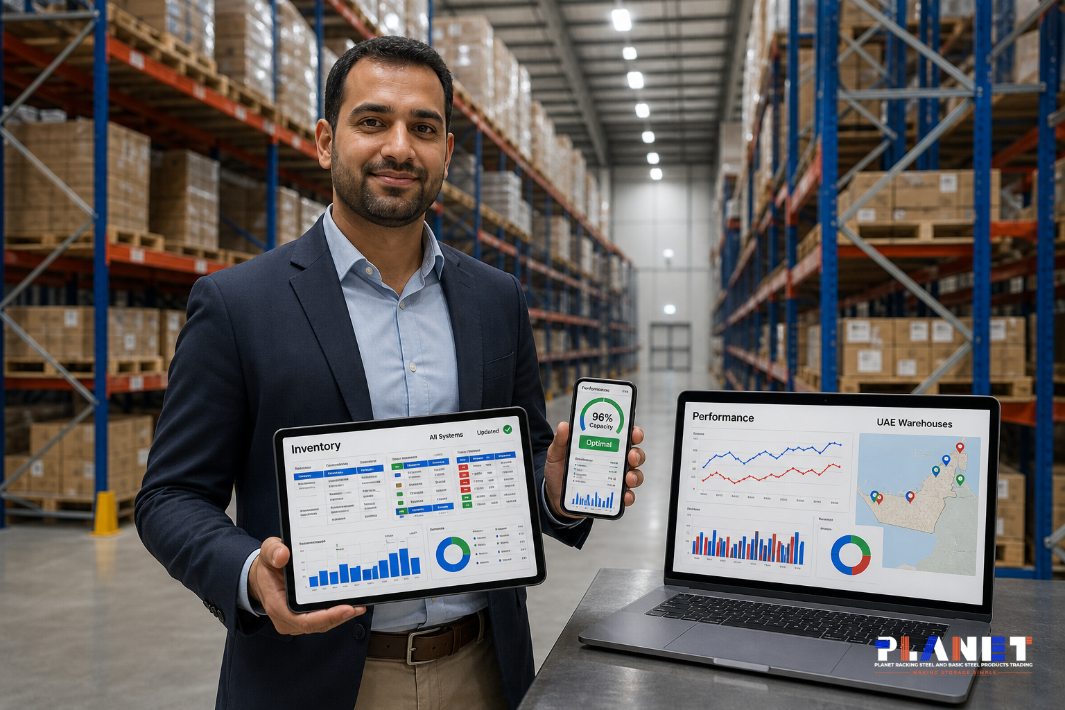 Warehouse manager with tablet stands before organized industrial racking systems in UAE facility using Racking and Shelving P