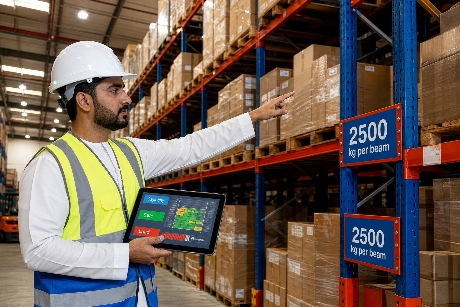 Warehouse supervisor examining loaded racking in UAE facility