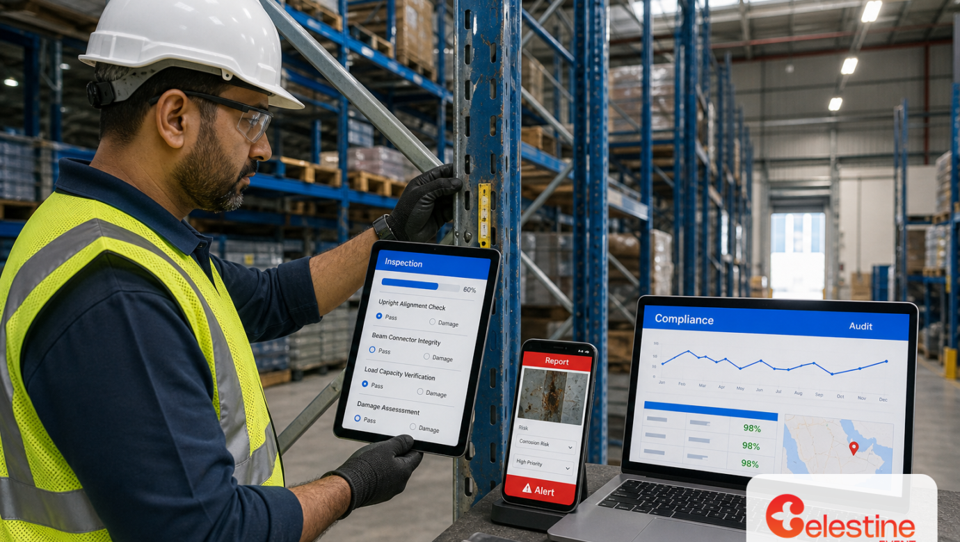 Safety inspector examining warehouse racking with tablet checklist in UAE warehouse for safety inspection compliance