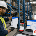Safety inspector examining warehouse racking with tablet checklist in UAE warehouse for safety inspection compliance