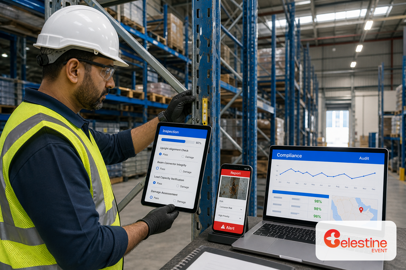 Safety inspector examining warehouse racking with tablet checklist in UAE warehouse for safety inspection compliance