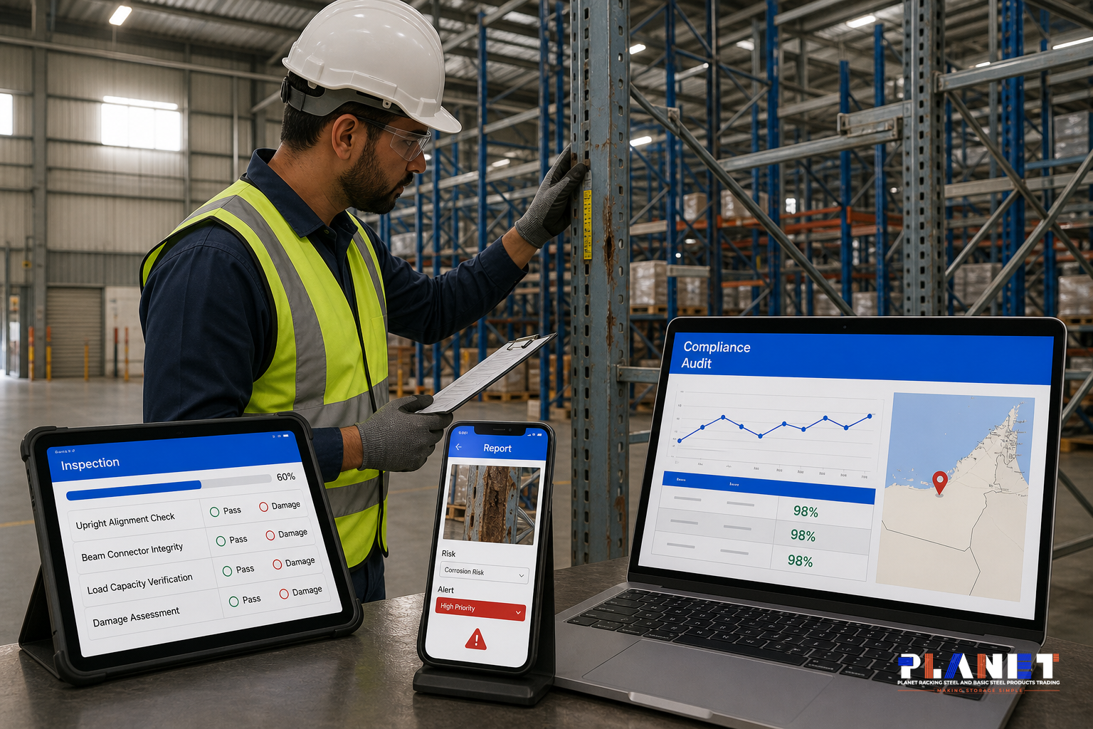 Safety inspector examining warehouse racking with tablet checklist in UAE warehouse for safety inspection compliance