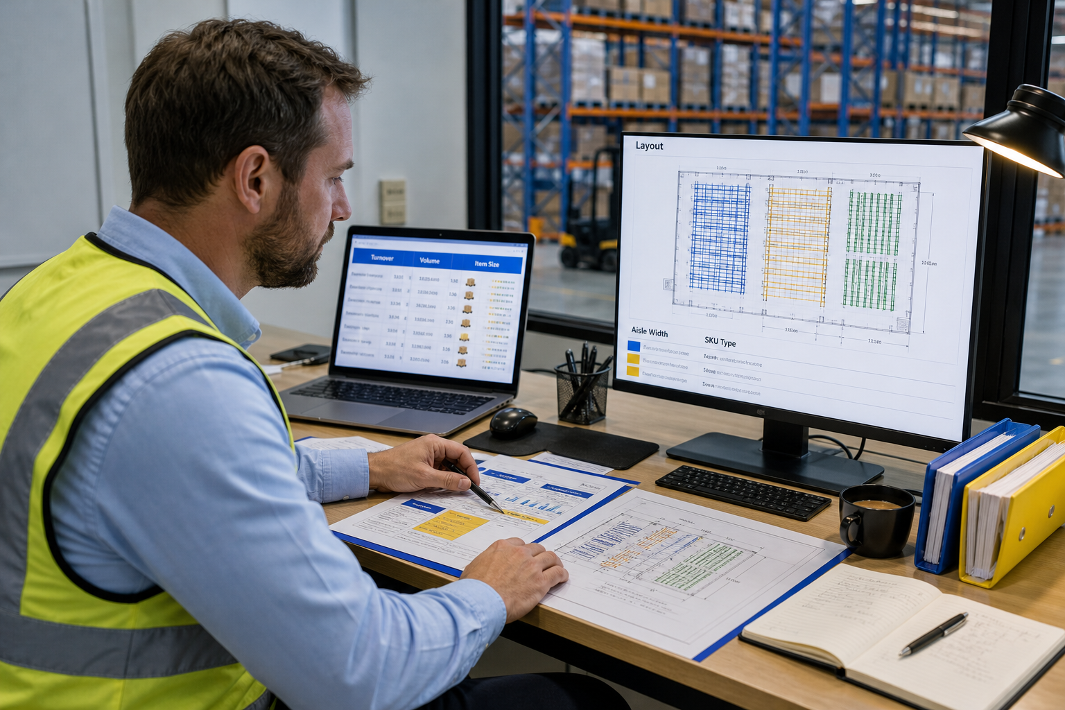 Warehouse planner reviewing racking system comparison data and floor-plan layouts to match inventory profiles in Dubai