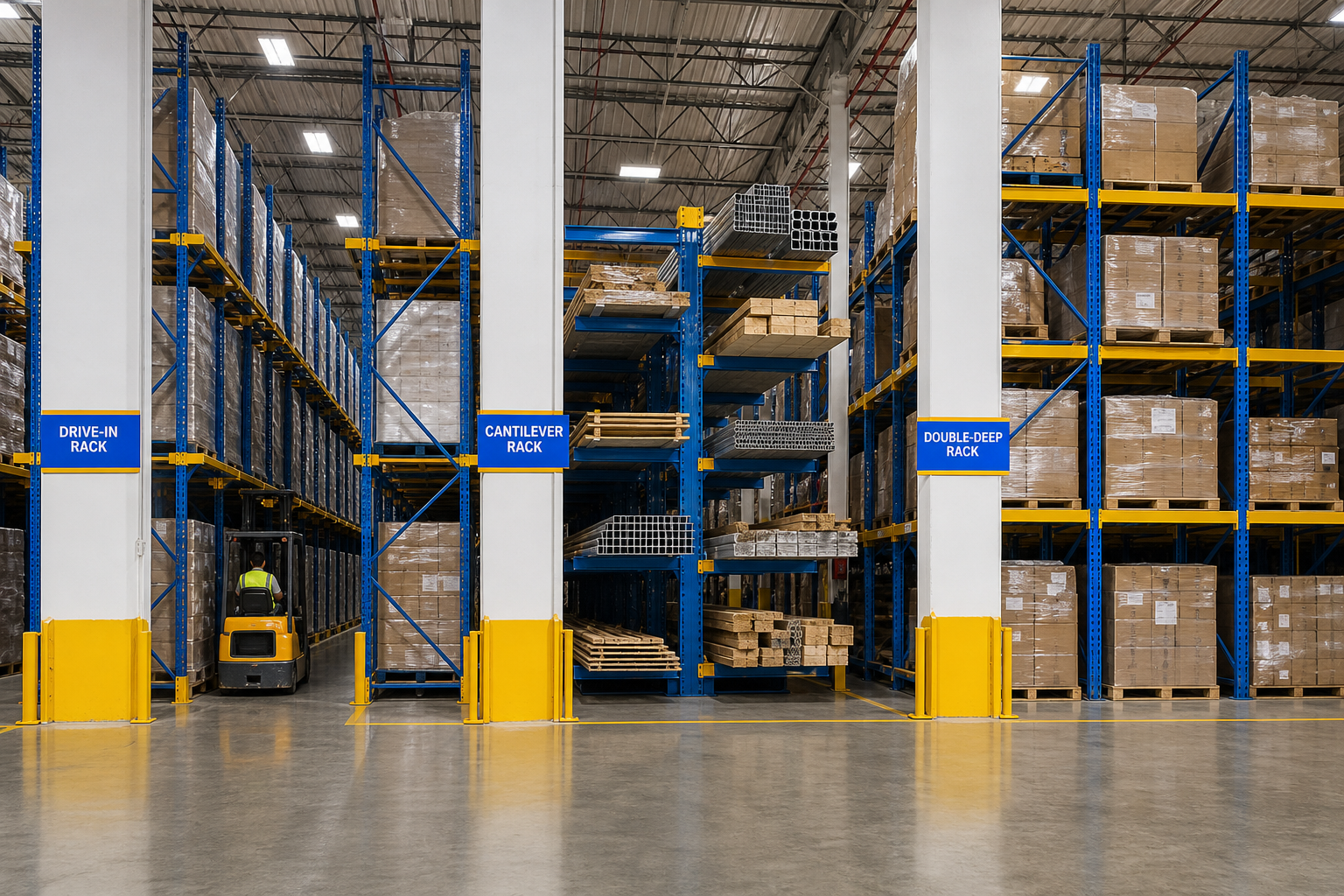 Three warehouse racking systems in operation: drive-in with deep pallet storage, cantilever with long goods, and double-deep