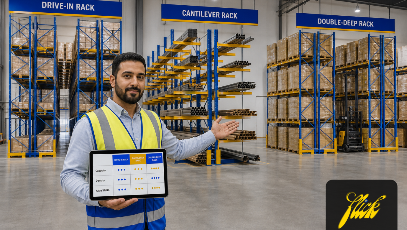 Warehouse manager comparing three racking system types—drive-in, cantilever, and double-deep—with inventory data on a tablet