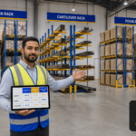 Warehouse manager comparing three racking system types—drive-in, cantilever, and double-deep—with inventory data on a tablet
