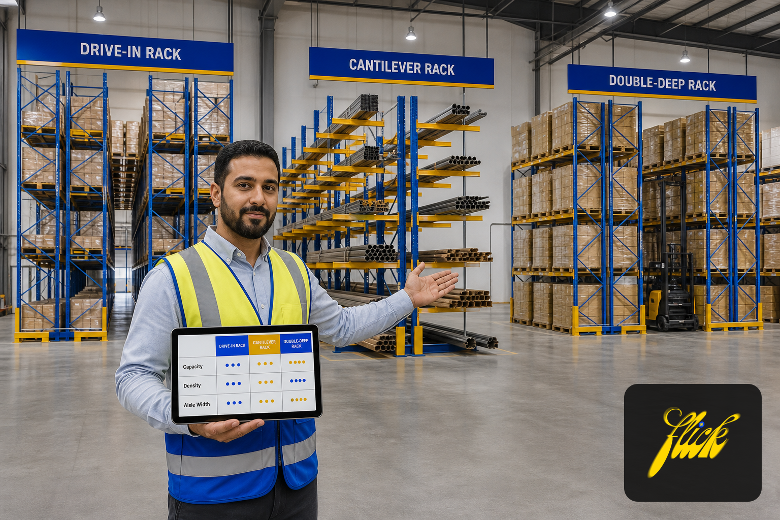Warehouse manager comparing three racking system types—drive-in, cantilever, and double-deep—with inventory data on a tablet