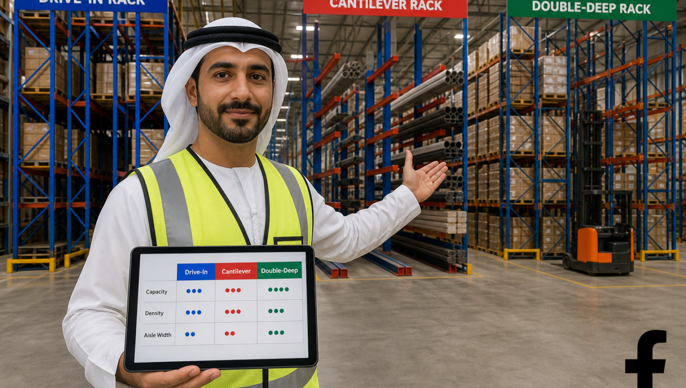 Warehouse manager comparing three racking system types—drive-in, cantilever, and double-deep—with inventory data on a tablet
