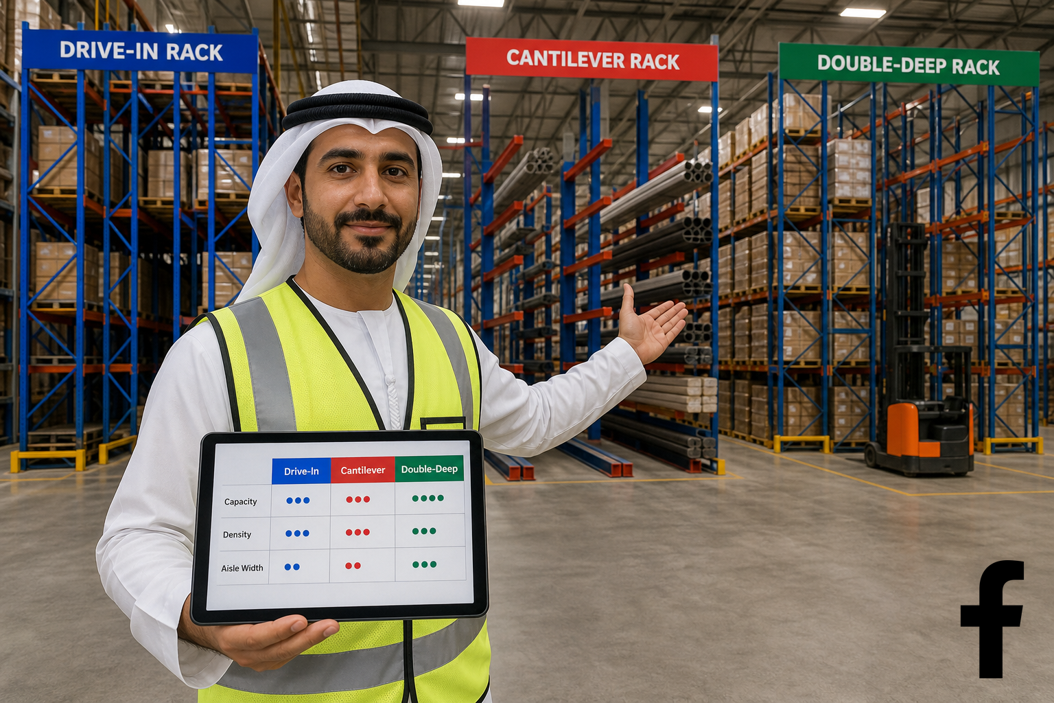 Warehouse manager comparing three racking system types—drive-in, cantilever, and double-deep—with inventory data on a tablet